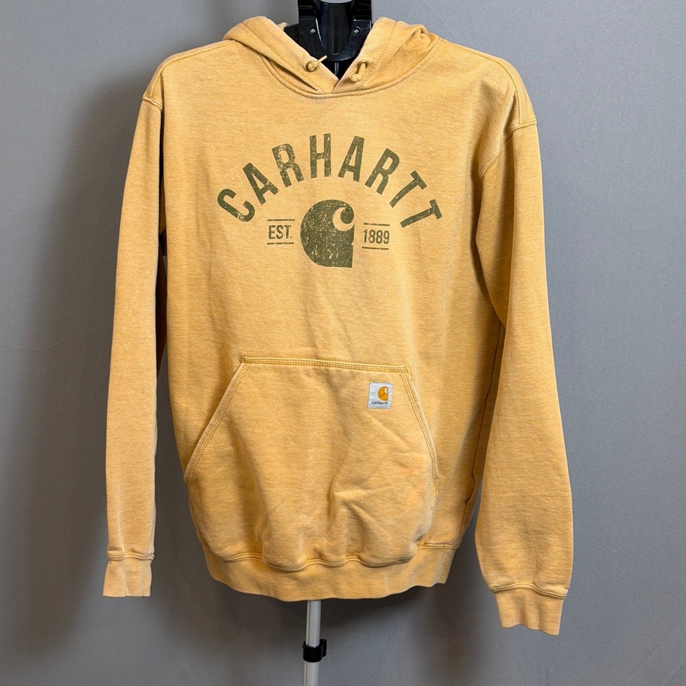 Vintage Carhartt Hoodie Mens Medium Mustard Yellow Logo Graphic Sweatshirt